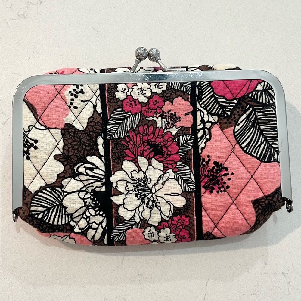 Vera Bradley Clutch In Mocha Rouge Pink And Brown Silver Hardware Cloth EUC